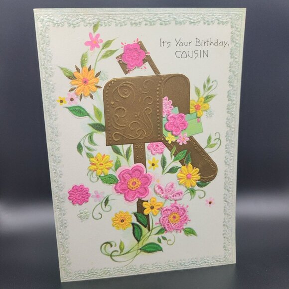 Birthday Card For Cousin With Floral Embossed Mailbox Design Unused - Picture 1 of 6